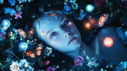 white-skinned woman with large expressive eyes and cascading hair, reclining on a bed of vibrant flowers in a mystical woodland setting