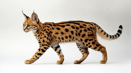 Fototapeta premium An African Serval isolated against a white background. Domesticated cat. Carnivore. Wild animal.