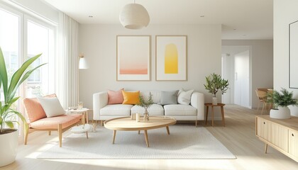 Modern Minimalist Living Room Interior Design with Light Wood Furniture and Pastel Decor