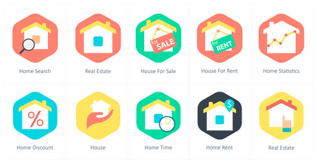 A set of 10 mix icons as home search, real estate, house for sale