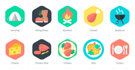 A set of 10 mix icons as camping, hiking shoes, bonfire