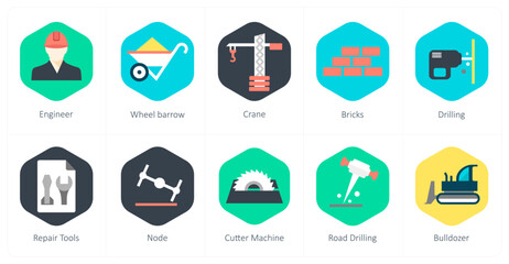 A set of 10 mix icons as engineer, wheel barrow, crane