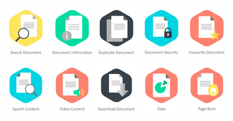 A set of 10 mix icons as search document, document information, duplicate dcoument