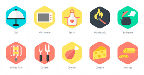 A set of 10 mix icons as dish, microwave, apron