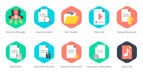 A set of 10 mix icons as business manager, search content, file transfer