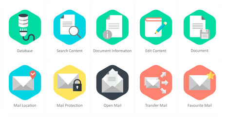 A set of 10 mix icons as database, search content, document information
