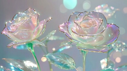 Holographic roses, pastel pink and green hologram rose heads with gold stems and leaves, on a white snow background, in the foreground, iridescent water drops, a fantasy, dreamy atmosphere