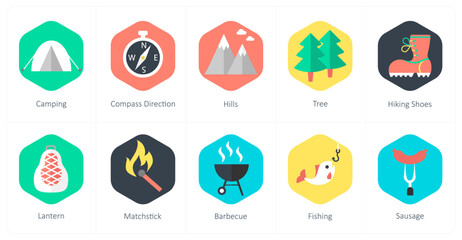 A set of 10 mix icons as camping, compass direction, hills