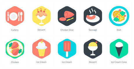 A set of 10 mix icons as cutlery, dessert, chicken slice