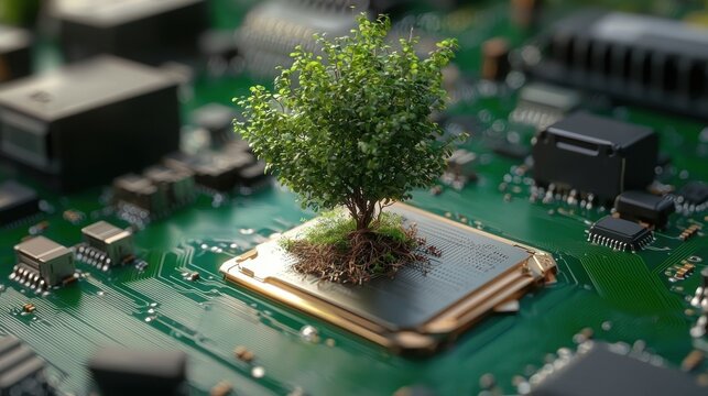 A small tree grows from a computer processor, symbolizing the intersection of nature and technology in a vibrant, imaginative setting.