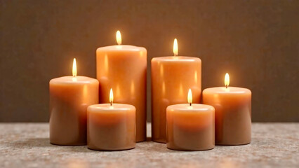 A set of elegant Mocha Mousse-colored candles in varying sizes, arranged on a polished stone surface. The candles are softly glowing, with their warm light reflecting on the smooth texture of the ston