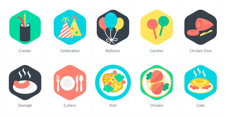 A set of 10 mix icons as cracker, celebration, balloons