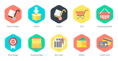 A set of 10 mix icons as parcel trolley, parcel, trolley