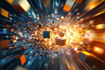 A dynamic image of digital blocks breaking away from a centralized core, symbolizing the decentralization power of Web3.