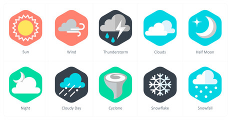 A set of 10 mix icons as sun, wind, thunderstorm