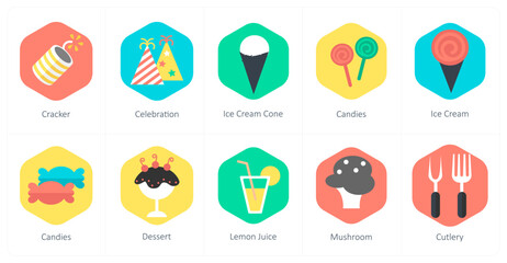 A set of 10 mix icons as cracker, celebration, ice cream cone