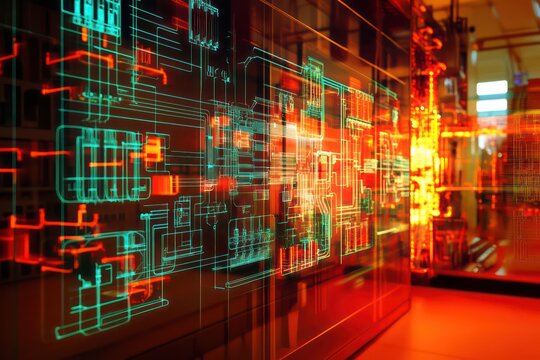 A dynamic image of electrical cabinets in a thermal power plant, with neatly arranged control circuits, wiring diagrams, and safety mechanisms.