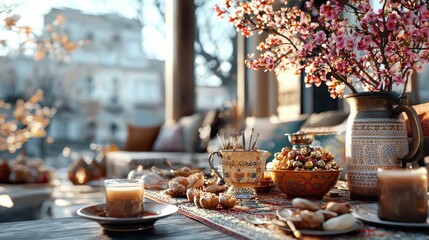A beautifully arranged table with traditional sweets, decorative pottery, and blossoming flowers, creating a serene and inviting atmosphere.