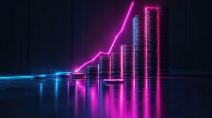 Fototapeta premium A glowing line graph rising with coins at the base, business progress symbol, cyberpunk neon style, isolated on white background