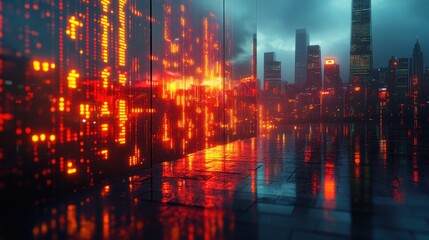 Fototapeta premium Futuristic city with glowing digital elements reflecting on wet streets