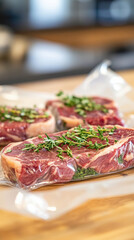 Fototapeta premium Fresh raw steaks garnished with rosemary on a wooden kitchen counter