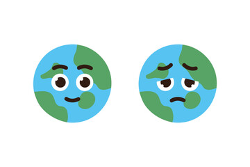 Happy and sad sick earth cartoon. Nature, hot temperature, climate change, pollution, environment concepts. Flat character vector design isolated illustration.