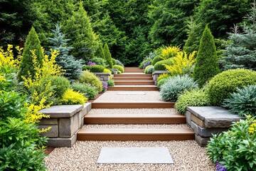 Obraz premium Wooden garden steps surrounded by vibrant, manicured greenery, bushes, and flowers in a peaceful outdoor setting, evoking tranquility and nature. Ai generative