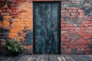 Old red brick wall with a rustic wooden door