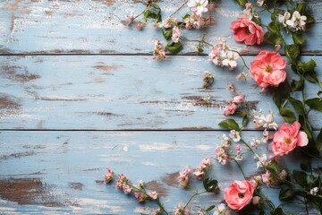 Rustic wooden surface with blooming pink flowers
