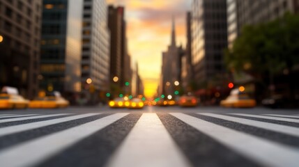 Fototapeta premium Urban Crosswalk at Sunset with Skyscrapers and City Traffic Lights