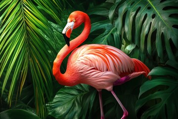 Fototapeta premium Vibrant Flamingo Standing Gracefully Among Lush Green Foliage in a Tropical Environment
