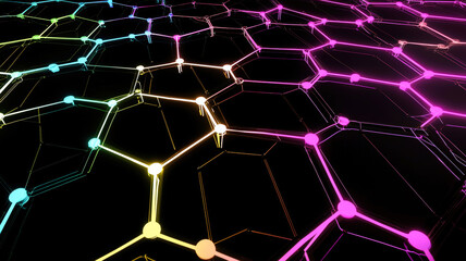 A high-tech data chart features hexagonal sections in various neon colors, representing different categories, all interconnected by transparent lines for a dynamic visual effect.