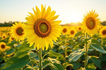 Fototapeta premium Sunflowers in full bloom with vibrant yellow petals and green leaves, lit by warm sunlight, on a clear sky background. Concept of nature and growth. Ai generative