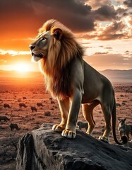 Majestic African Lion at Sunset: A King Surveys His Kingdom