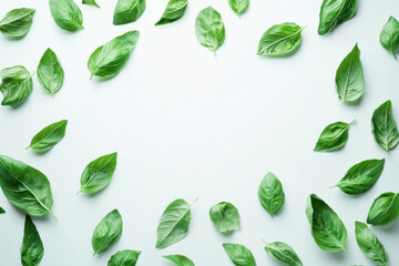 Green leaves on white background, providing a fresh and vibrant contrast.