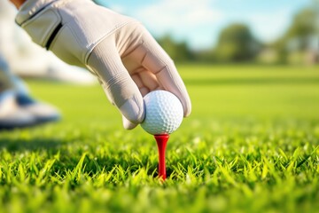 Close-up of a gloved hand placing a white golf ball on a red tee in green grass under a sunny sky. Bright, realistic style. Golfing concept. Ai generative
