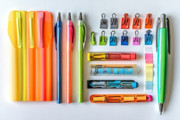 Obraz premium Assortment of colorful stationery including markers and clips on a white background