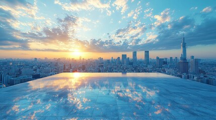 Naklejka premium City view with reflection at sunset.