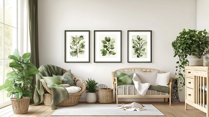 Tranquil nursery interior with green botanical prints, wicker chair, and natural wood furniture.