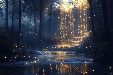 Enchanted Forest With Glowing Waterfalls and Shimmering Lights at Twilight