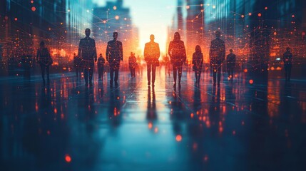 Obraz premium Silhouettes in a digital urban landscape.