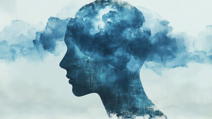 cloudy mind brain fog concept silhouette of head blue cloudy background loneliness anxiety pensive mental health awareness psychology psychiatry mindfulness abstract