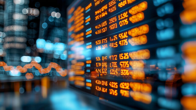 Stock market data. Table of digital data displayed on large screen with lights and blurred background
