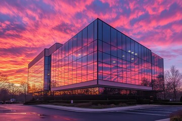 Obraz premium Reflections of a Vibrant Sunset on Modern Architecture in a Corporate Environment