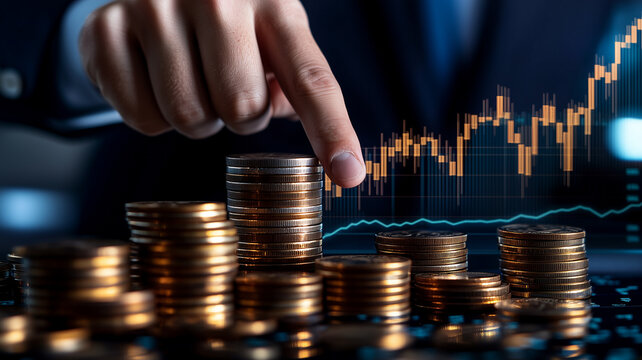 Businessman behind stacks of coins with financial stock market graph, investment and economic growth concept.
