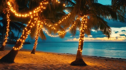 Beach background, tropical decorations, palm trees with lights, festive beach scene, beach holiday 