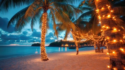 Beach background, tropical decorations, palm trees with lights, festive beach scene, beach holiday 
