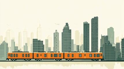 Obraz premium Urban Subway Scene with Vibrant Train Passing Through Cityscape Featuring Silhouetted Skyscrapers and a Serene Atmosphere in a Retro Illustration Style