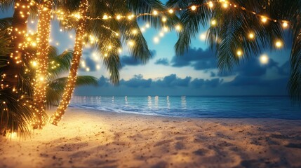 Beach background, tropical decorations, palm trees with lights, festive beach scene, beach holiday 
