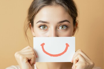 Close-up of a woman holding a card with a red smiley face over her mouth, showing expressive eyes. Light beige background. Concept of happiness. Ai generative